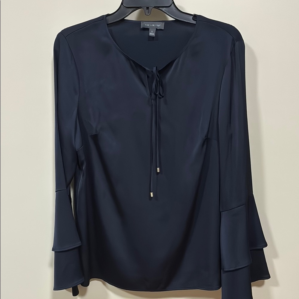 The Limited Navy Bell Sleeve Blouse with Tie Front small